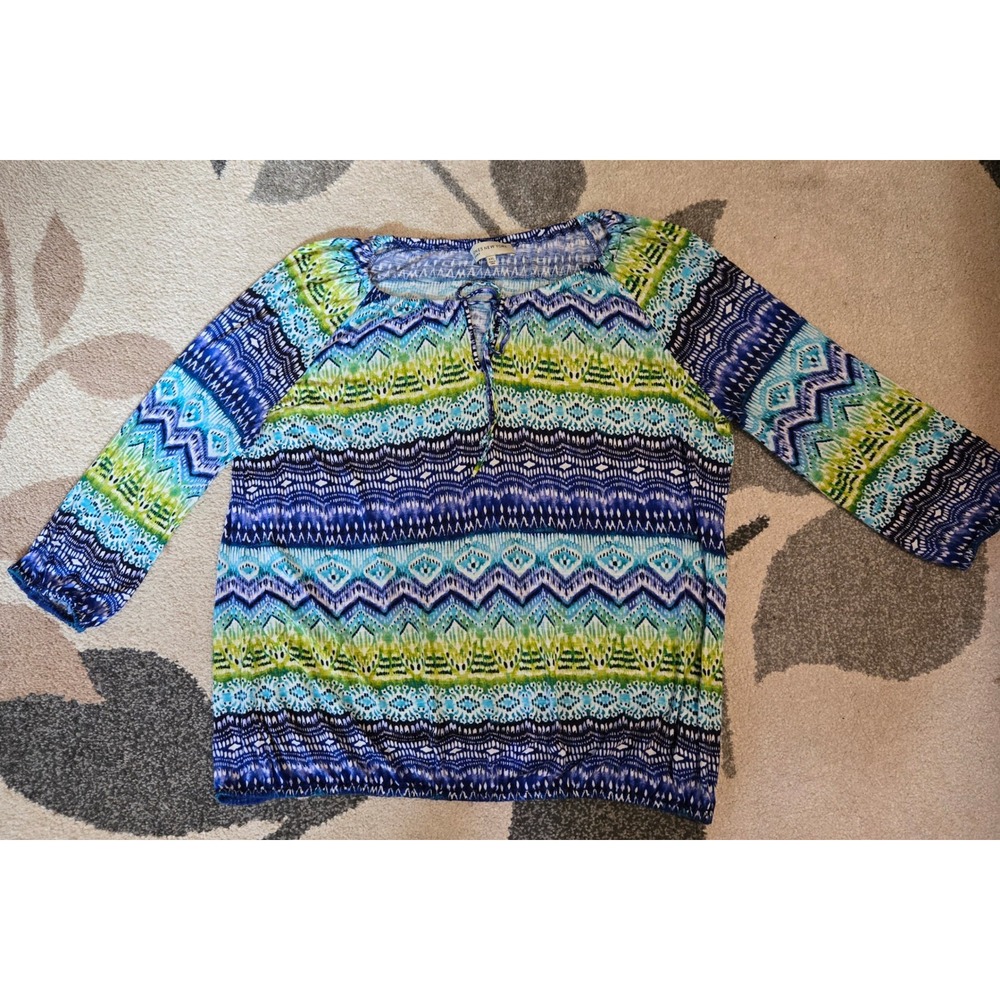 Jones New York Sport Women XXL Blue Green Ikat Geometric 3/4 Sleeve Peasant Top